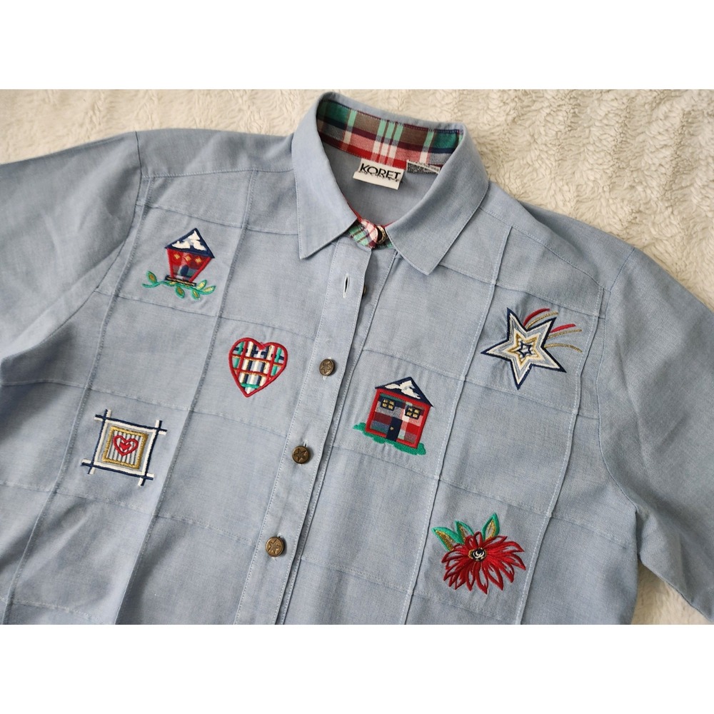 Vintage 90s Koret City Blues Embroidered Patch Button Down Shirt Petite Small